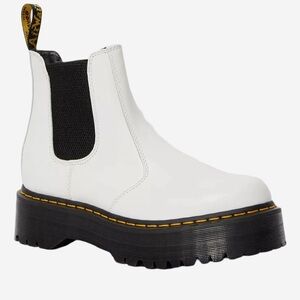 Dr. Martens White Leather Quad Platform Chelsea Boot with Black Elastic